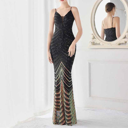 Women Shiny Sleeveless Formal Evening Dresses Spaghetti Strap Ball Gown S-4XL