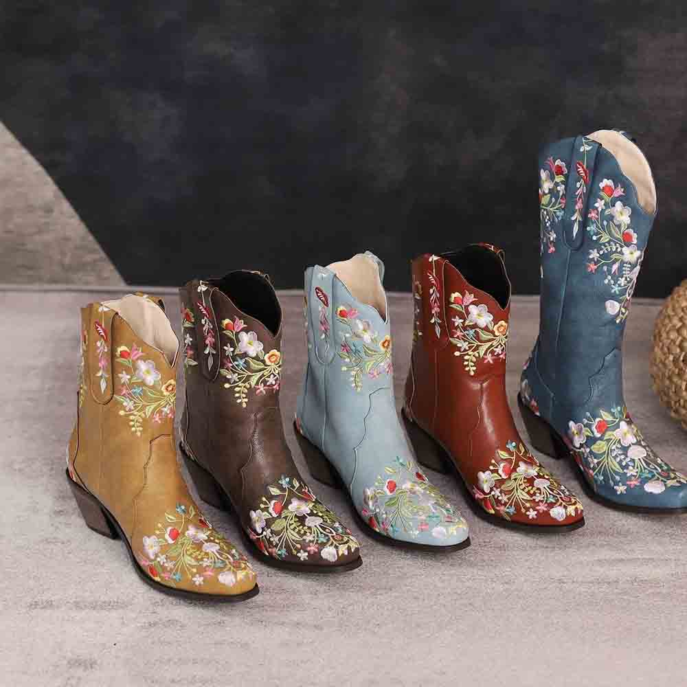 Women's Embroidered Western Short Cowgirl Boots Chunky Heel Boots