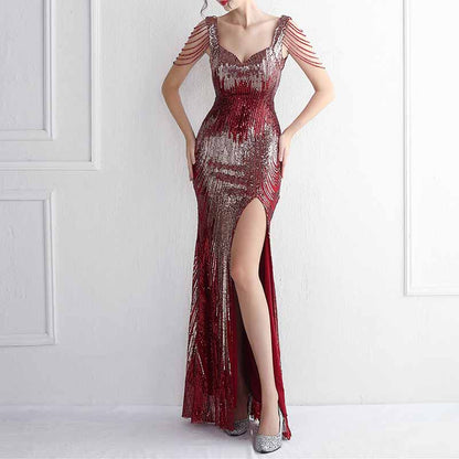 Women's Sexy Bodycon Sequin Gown Evening Dress with Slit