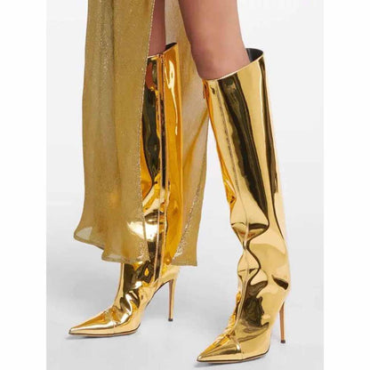 Women pearlite layer pointed toe over knee heeled boots