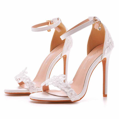 Women White lace Ankle Strap High Heel Sandals Stiletto Heels Peep Toe Shoes