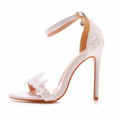 Women White lace Ankle Strap High Heel Sandals Stiletto Heels Peep Toe Shoes