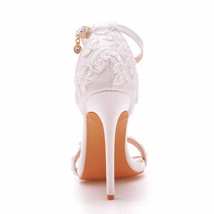 Women White lace Ankle Strap High Heel Sandals Stiletto Heels Peep Toe Shoes