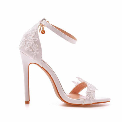 Women White lace Ankle Strap High Heel Sandals Stiletto Heels Peep Toe Shoes