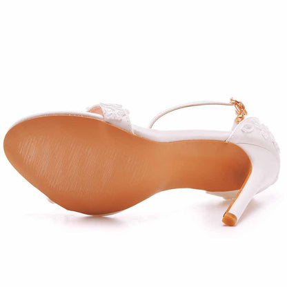 Women White lace Ankle Strap High Heel Sandals Stiletto Heels Peep Toe Shoes