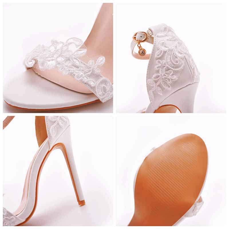 Women White lace Ankle Strap High Heel Sandals Stiletto Heels Peep Toe Shoes