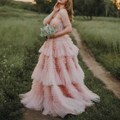 Flare Ruffles Tulle Robe Maternity Gown Long Sheer Off Shoulder Dressing Gown