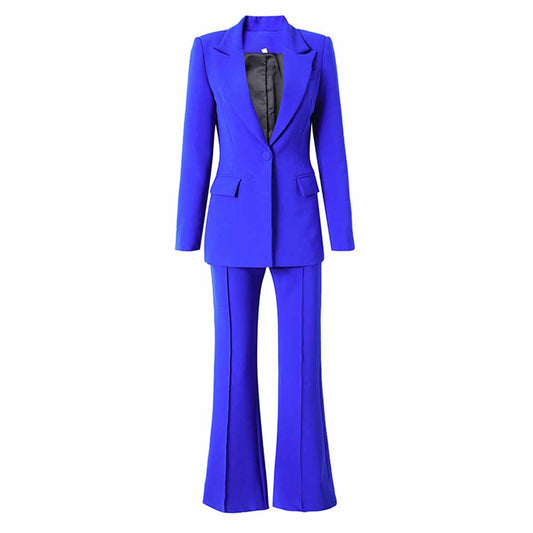 Women Suits 2 Piece Royalblue One Button Blazer With Flare Pants Suit