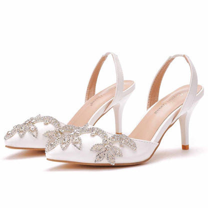 Pointed Toe Rhinestone Stiletto Pumps Middle Heel Bridal Wedding Shoes
