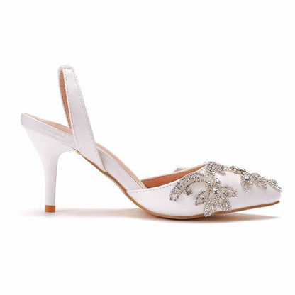 Pointed Toe Rhinestone Stiletto Pumps Middle Heel Bridal Wedding Shoes