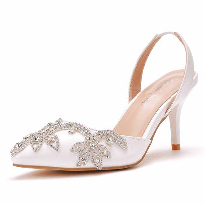 Pointed Toe Rhinestone Stiletto Pumps Middle Heel Bridal Wedding Shoes