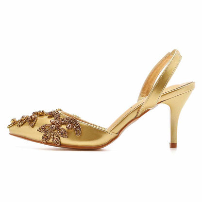 Pointed Toe Rhinestone Stiletto Pumps Middle Heel Bridal Wedding Shoes