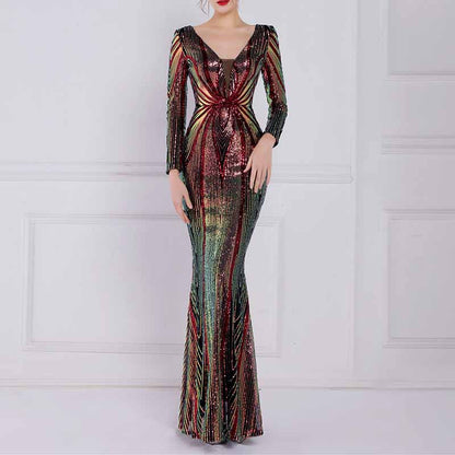 Women's Evening Dress Tight-Fitting Long Sleeve Sequin Formal Occasion Dress S-4XL