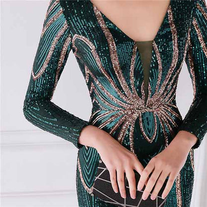 Women's Evening Dress Tight-Fitting Long Sleeve Sequin Formal Occasion Dress S-4XL
