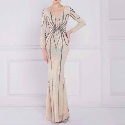 Women's Evening Dress Tight-Fitting Long Sleeve Sequin Formal Occasion Dress S-4XL
