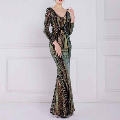 Women's Evening Dress Tight-Fitting Long Sleeve Sequin Formal Occasion Dress S-4XL