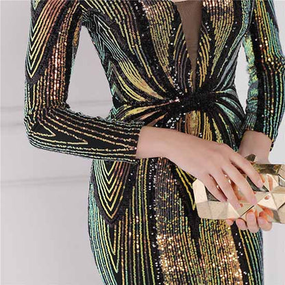 Women's Evening Dress Tight-Fitting Long Sleeve Sequin Formal Occasion Dress S-4XL