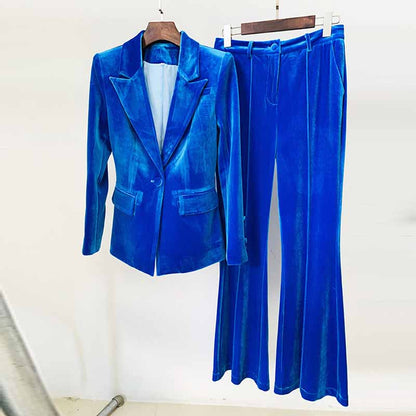 Women Velvet Blazer + Flare Trousers Suit Fashion Pant Suits