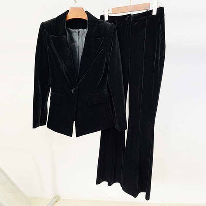 Women Velvet Blazer + Flare Trousers Suit Fashion Pant Suits