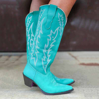 Women's Boots Cowboy Boots Mid Calf Boots Floral Embroidery Bootie
