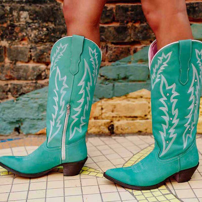 Women's Boots Cowboy Boots Mid Calf Boots Floral Embroidery Bootie