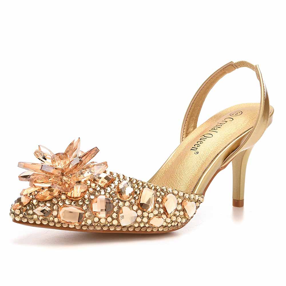 Pointed Toe Gold Rhinestone Crystal Low Prom Heels Wedding Shoes