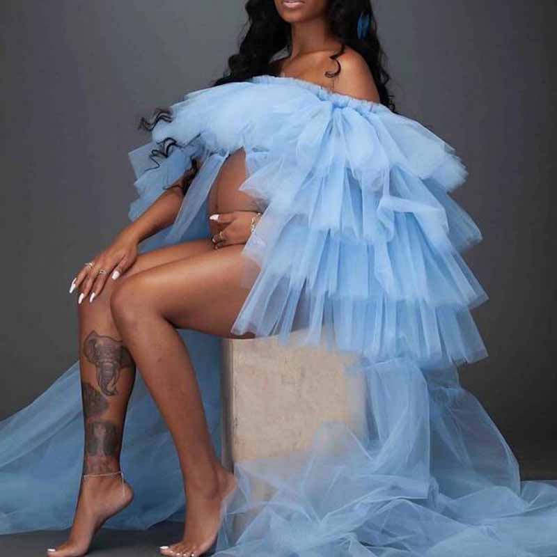 Women's Tulle Robe for Materinty Photoshoot Off-the-shoulder Long Sleeves Sweep