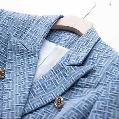 Women's Double Breasted Lion Buttons Belted Soft Denim Blazer Jacket