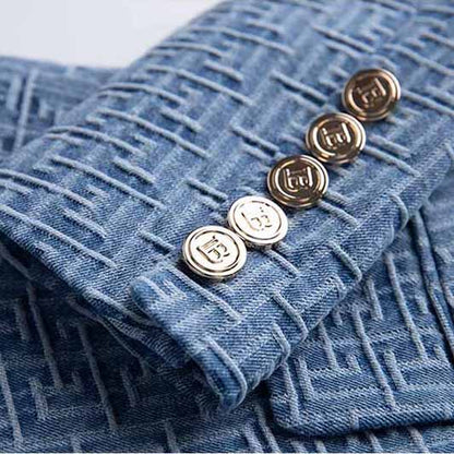 Women's Double Breasted Lion Buttons Belted Soft Denim Blazer Jacket