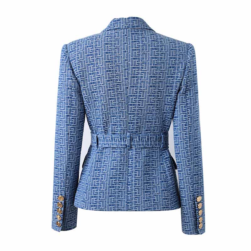 Women's Double Breasted Lion Buttons Belted Soft Denim Blazer Jacket