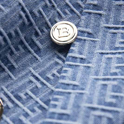 Women's Double Breasted Lion Buttons Belted Soft Denim Blazer Jacket