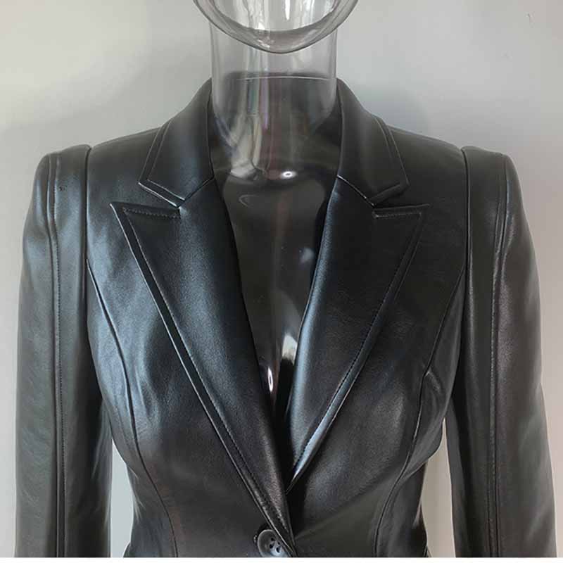 Elegant Black PU Blazer Long Sleeve Single Button Jacket Winter Blazer