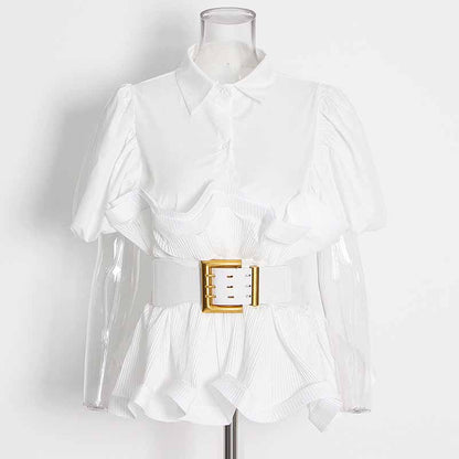 Women Bubble Sleeve Waistband Shirt Top