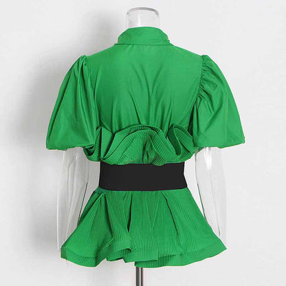 Women Bubble Sleeve Waistband Shirt Top