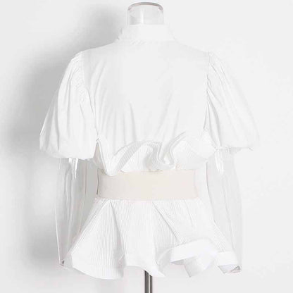 Women Bubble Sleeve Waistband Shirt Top