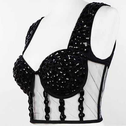Black Mesh Embellished Beaded Jewelled Bra Crop Top