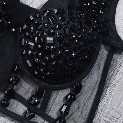 Black Mesh Embellished Beaded Jewelled Bra Crop Top