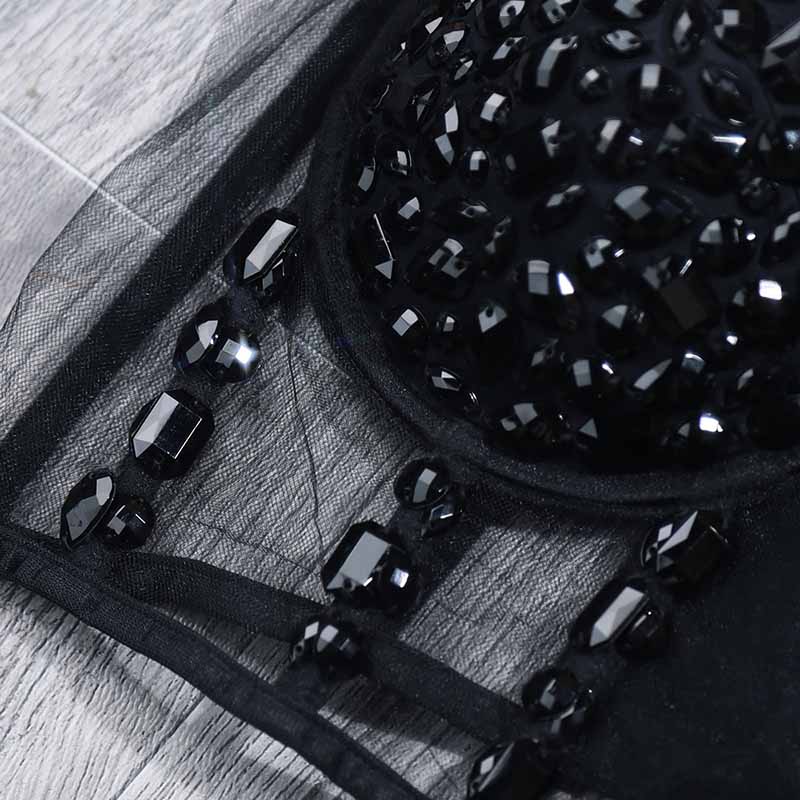 Black Mesh Embellished Beaded Jewelled Bra Crop Top