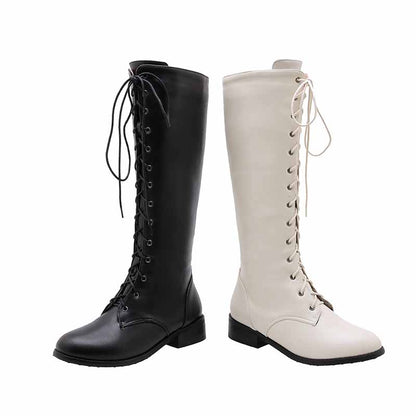 Womens Lace Up Knee High Boots Low Heel Mid Calf Riding Shoes