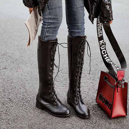 Womens Lace Up Knee High Boots Low Heel Mid Calf Riding Shoes