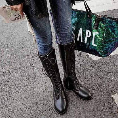 Womens Lace Up Knee High Boots Low Heel Mid Calf Riding Shoes