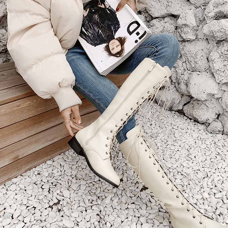 Womens Lace Up Knee High Boots Low Heel Mid Calf Riding Shoes