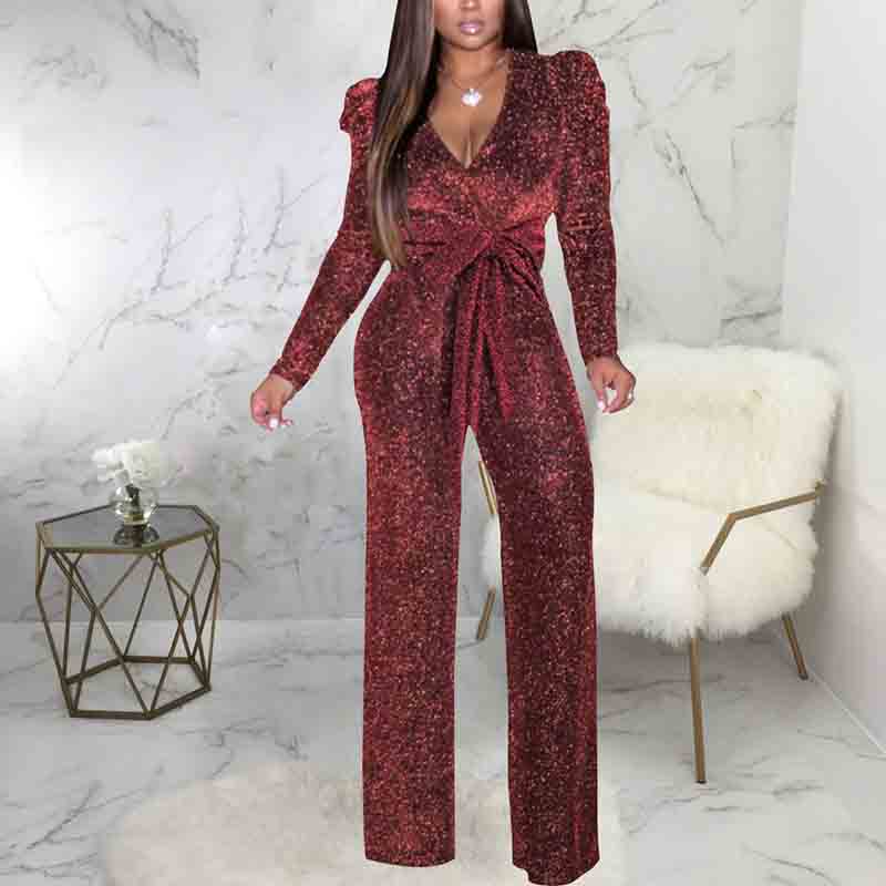 Women Sparkly Jumpsuits Long Sleeve Onesie Loose Pants Party One Piece
