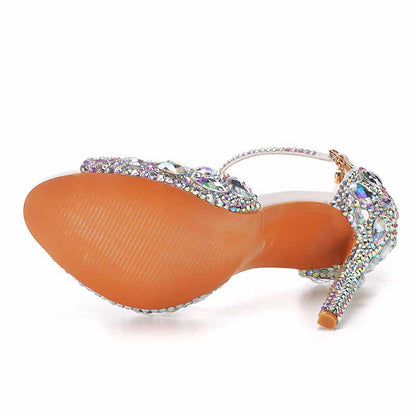 Women's Silver High Heels Dress Rhinestones Open Toe Pumps  4.33"