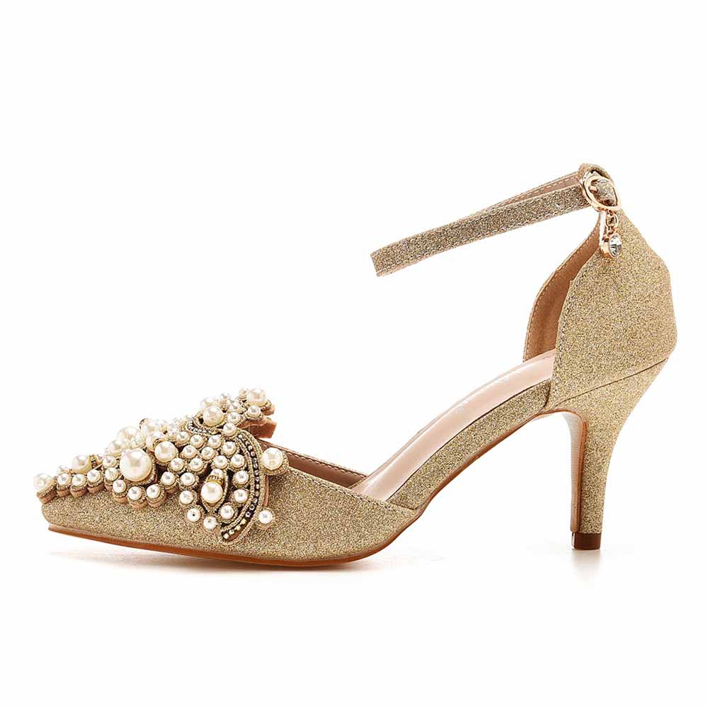 Pointed Toe Gold Rhinestone Pearl Low Heels Wedding Shoes