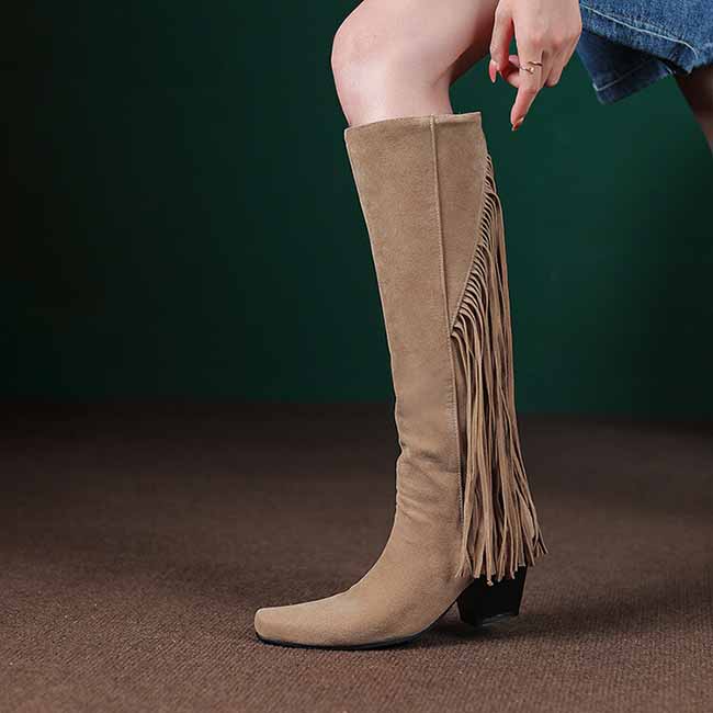 Women Fringe Boots Western Cowgirl Vintage Knee High Boots