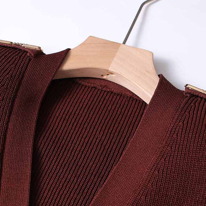 Women's long sleeve knitted minidress wine red V-neck elegant dress