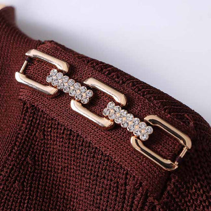 Women's long sleeve knitted minidress wine red V-neck elegant dress