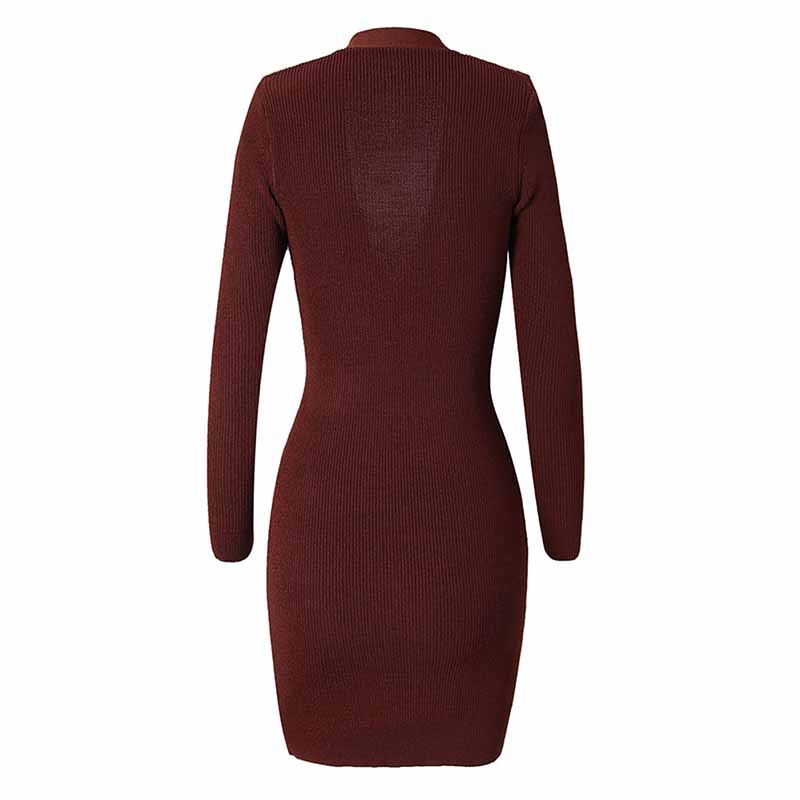Women's long sleeve knitted minidress wine red V-neck elegant dress