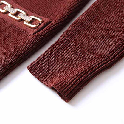 Women's long sleeve knitted minidress wine red V-neck elegant dress